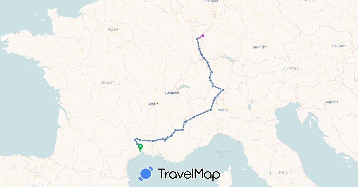 TravelMap itinerary: driving, bus, cycling, train in Switzerland, Germany, France, Italy (Europe)
